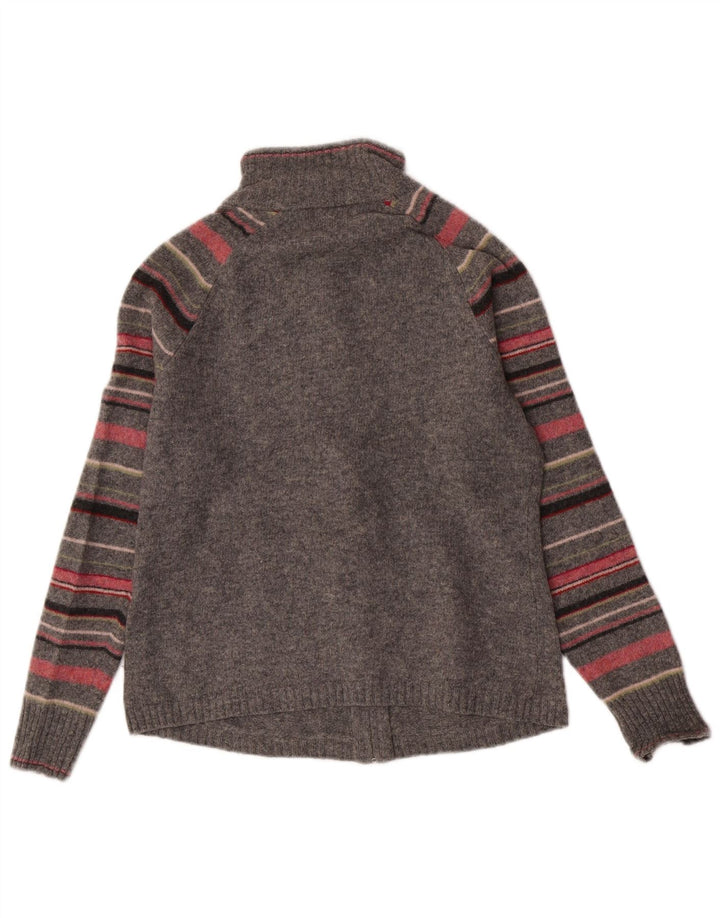 Eddie Bauer Dame Cardigan Sweater UK 12 Mellemgrå Stribet lammeuld