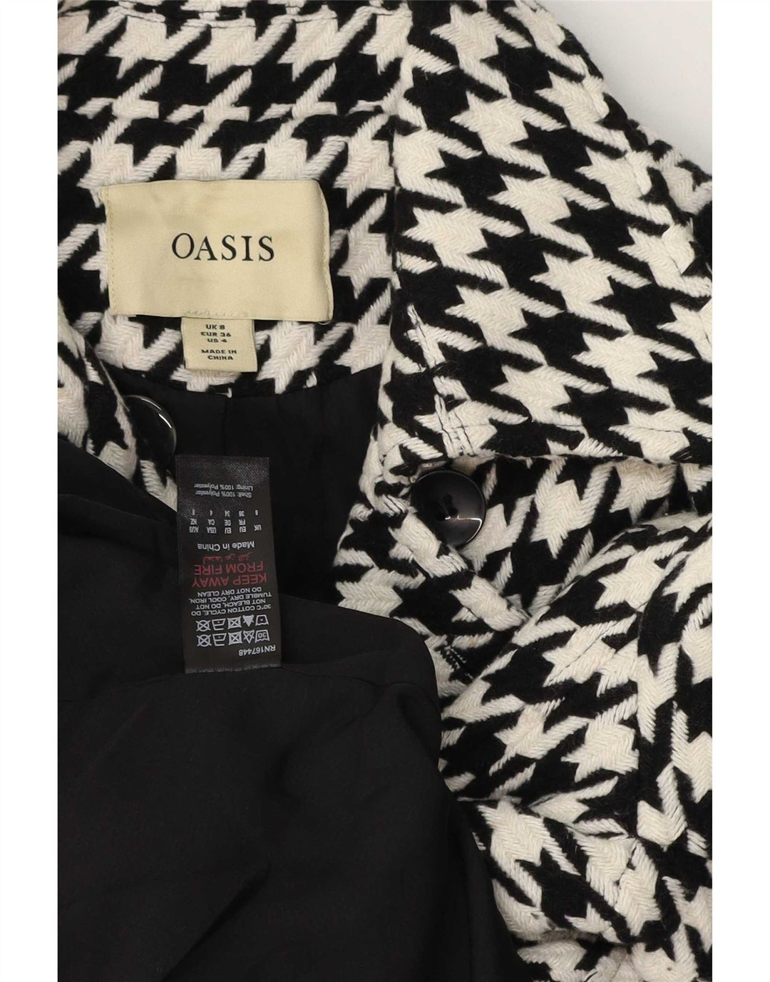 Oasis Dame Dobbeltradet Frakke UK 8 Small Black Houndstooth Polyester