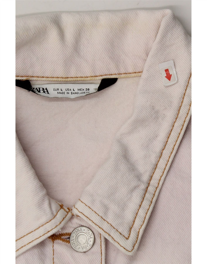 Zara Womens Crop Denim Jacket UK 16 Large Pink Bomuld