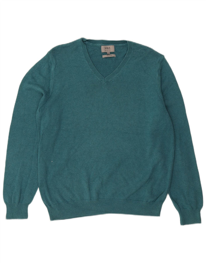 MARKS & SPENCER Herre V-hals sweater Stor blå bomuld