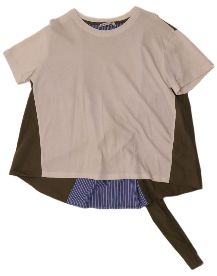 Zara Dame Oversized Bluse Top UK 14 Medium White Colourblock Bomuld