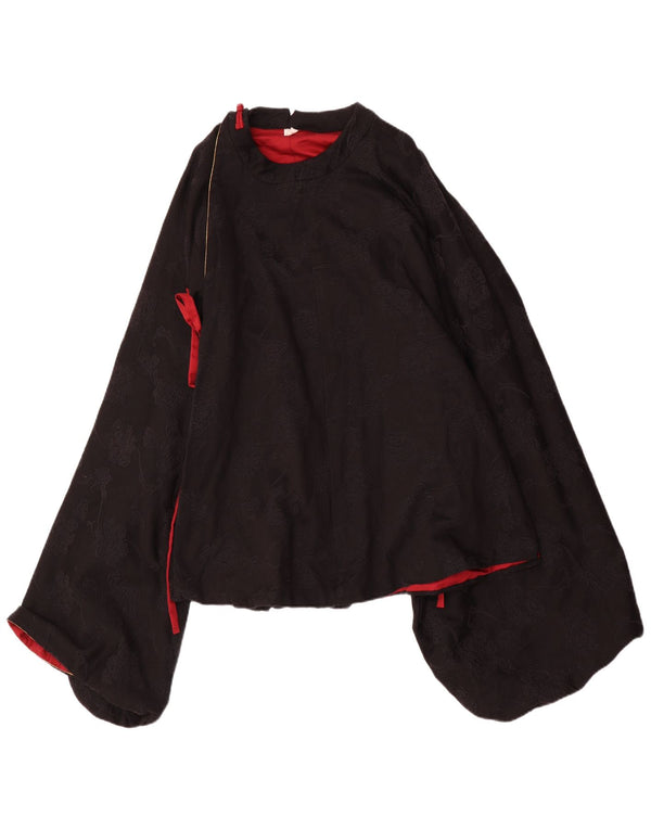 Vintage Dame Langærmet Poncho Bluse Top UK 12 Medium Black Floral
