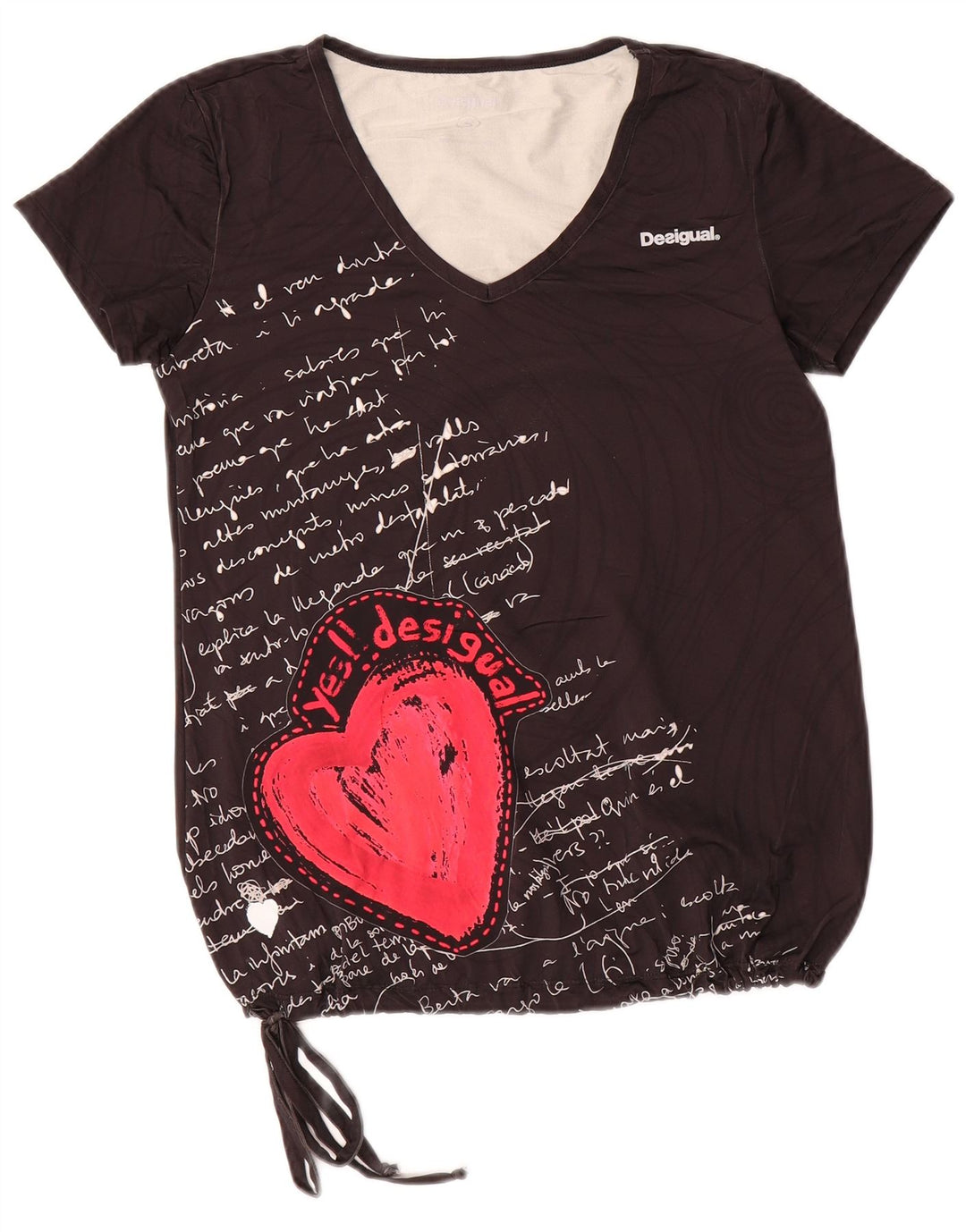 Desigual Dame Grafisk T-Shirt Top UK 10 Lille sort polyamid