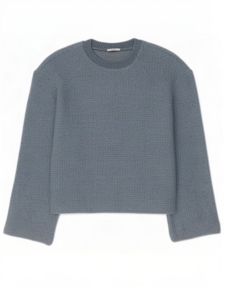 Zara Womens Crop Crew Neck Jumper Sweater UK 14 Medium Blue Polyester
