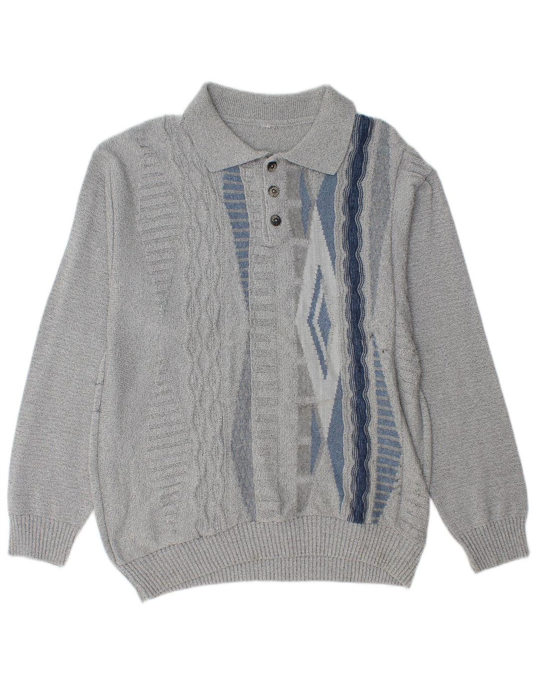 Vintage Herre Polo Neck Jumper Sweater Medium Grå Geometrisk