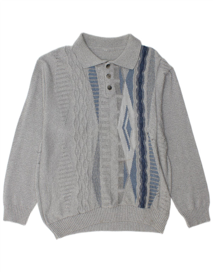Vintage Herre Polo Neck Jumper Sweater Medium Grå Geometrisk