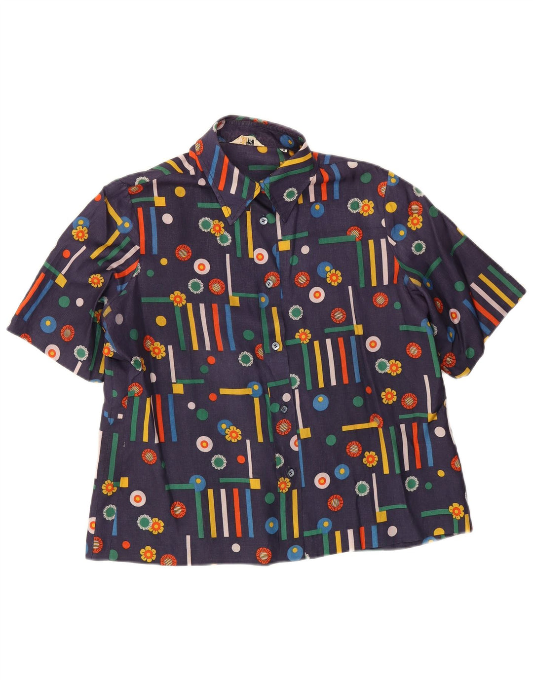 Vintage kortærmet skjorte til kvinder UK 14 Medium Navy Blue Geometric