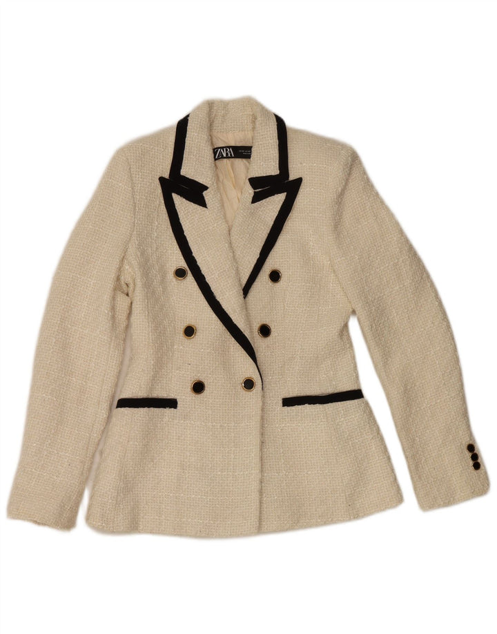 Zara Dame Dobbeltradet Blazer Jacket UK 6 XS Off White Polyester