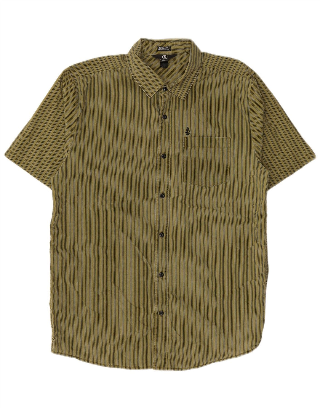 Volcom Mens Classic Fit Short Sleeve Shirt Medium Khaki Striped Cotton
