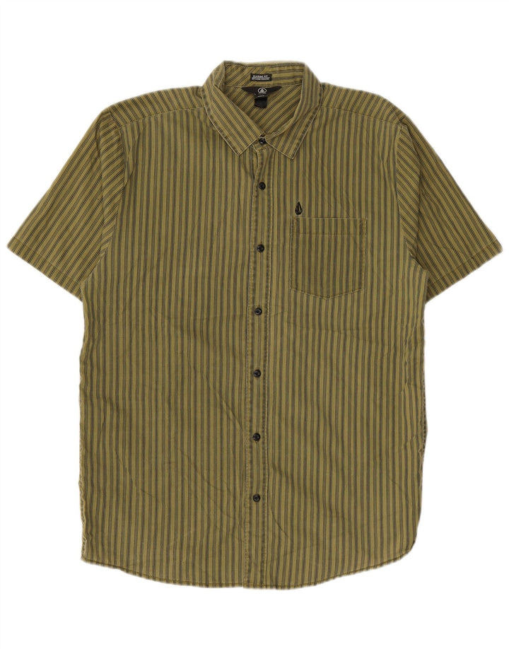 Volcom Mens Classic Fit Short Sleeve Shirt Medium Khaki Striped Cotton