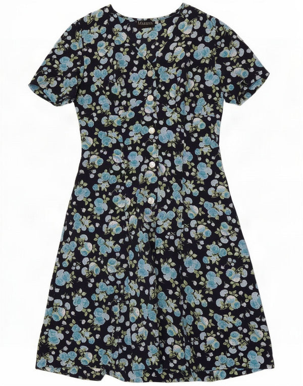 Vintage Womens A-Line Dress UK 16 Large Navy Blue Floral