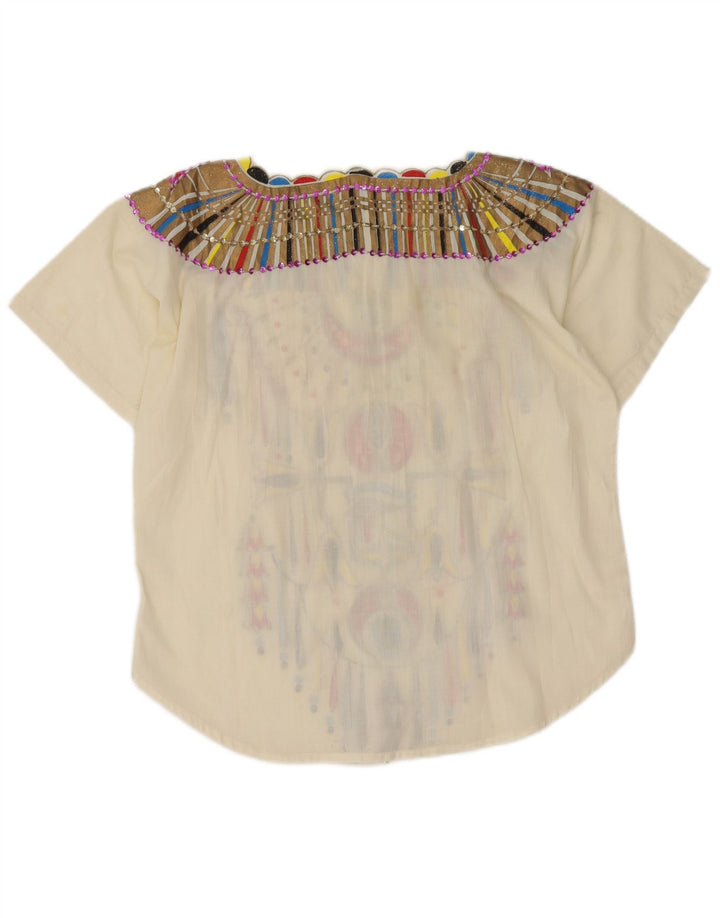 Vintage kvinders abstrakt mønster bluse Top UK 14 Medium White Etnisk