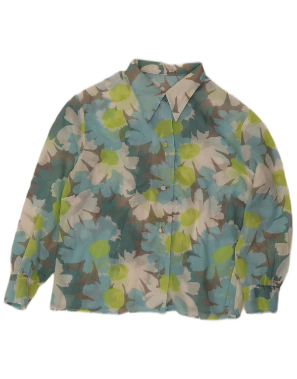 VINTAGE skjortebluse med 3/4 ærmer til kvinder UK 14 Stor flerfarvet blomster