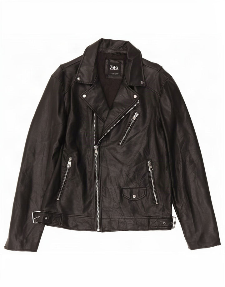 Zara Herre Biker-jakke i imiteret læder UK 42 XL Sort polyurethan