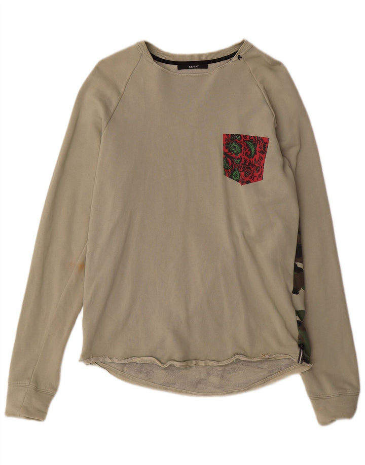 Replay Herre Grafisk Sweatshirt Jumper Medium Khaki Camouflage Bomuld