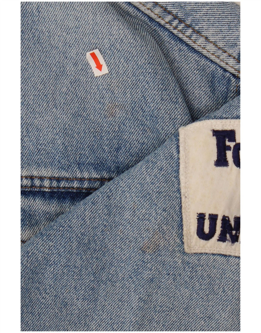 UNIFORM Dame Crop Graphic Denim Jacket UK 14 Large Blue