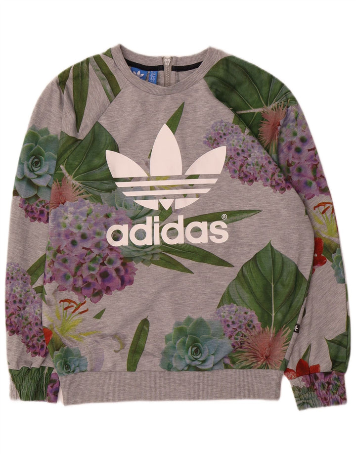 Adidas Dame Grafisk Oversized Sweatshirt Jumper UK 12 Medium Grey Floral
