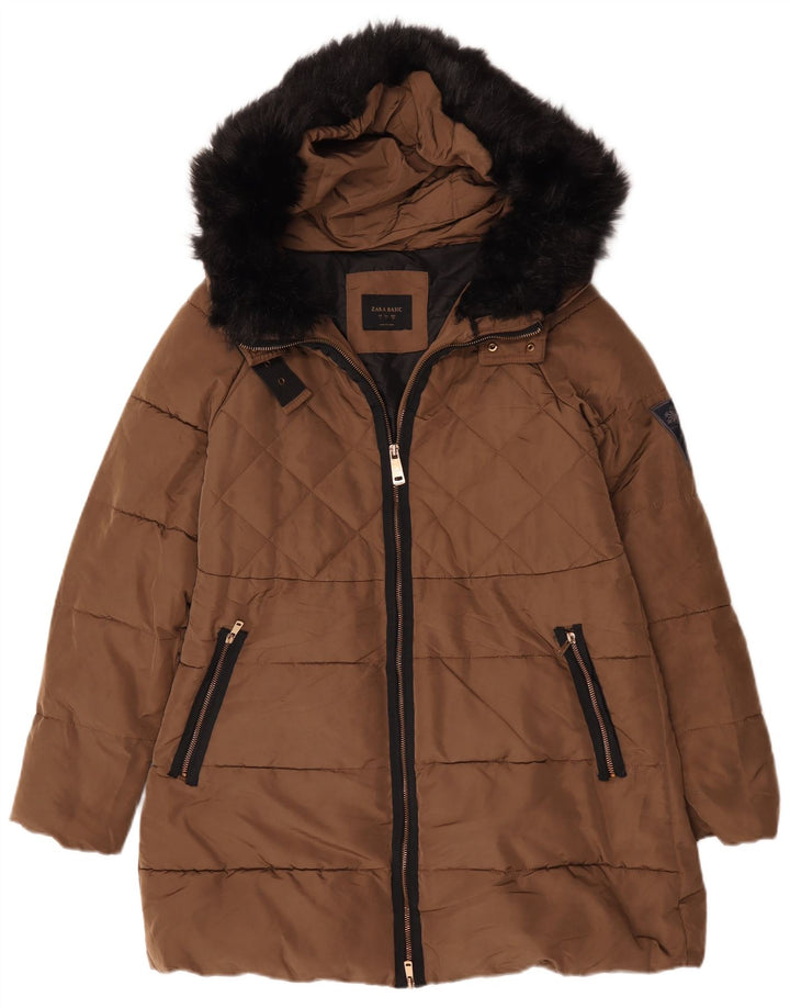 Zara Dame Hætte Polstret Frakke UK 16 Stor Brun Polyester