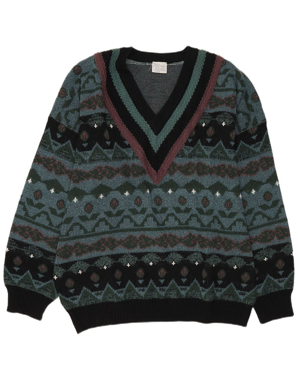 Vintage Herre V-hals sweater IT 60/62 3XL Grøn Geometrisk Retro