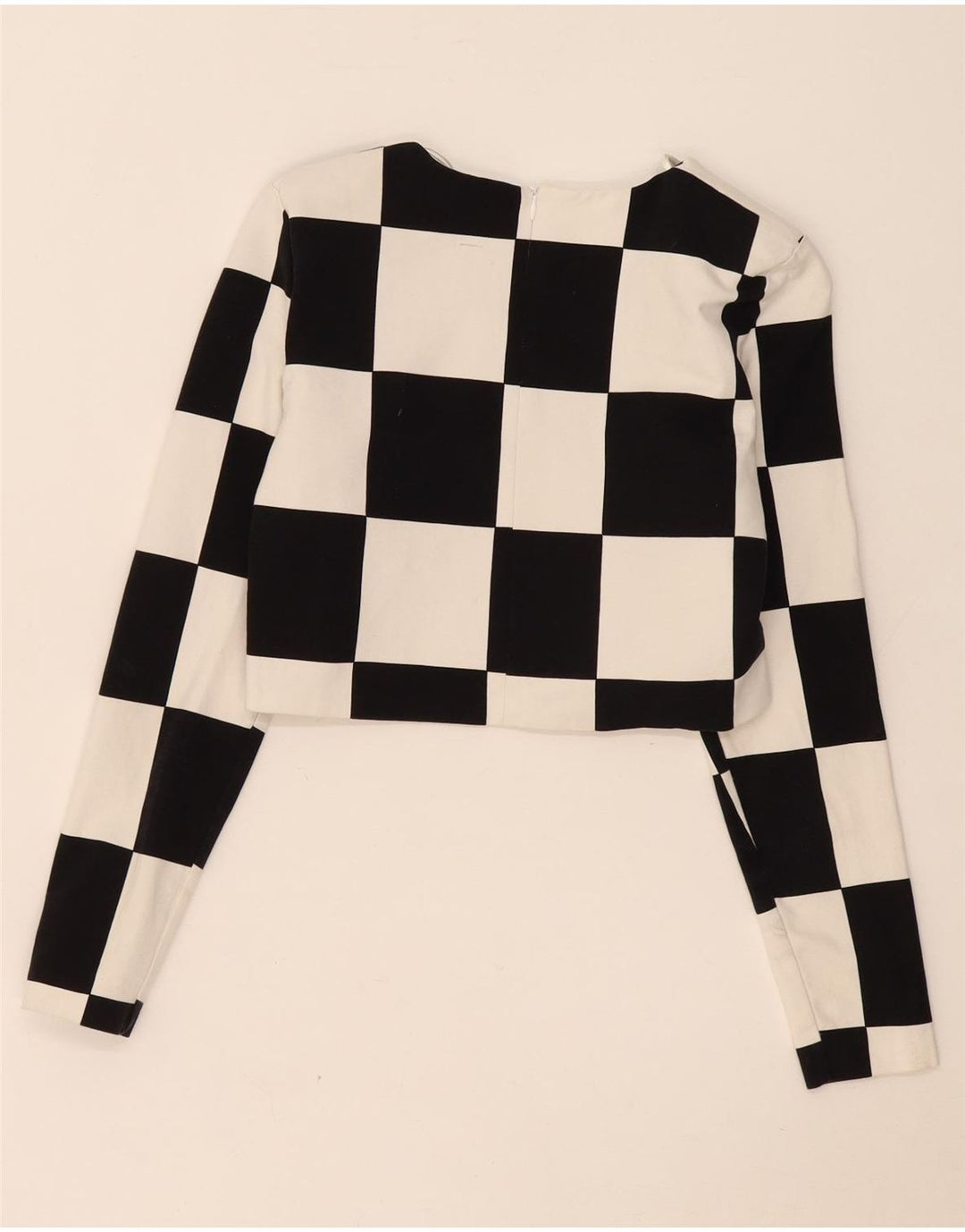 Zara Dame Crop Top Langærmet UK 12 Medium Sort Geometrisk Bomuld