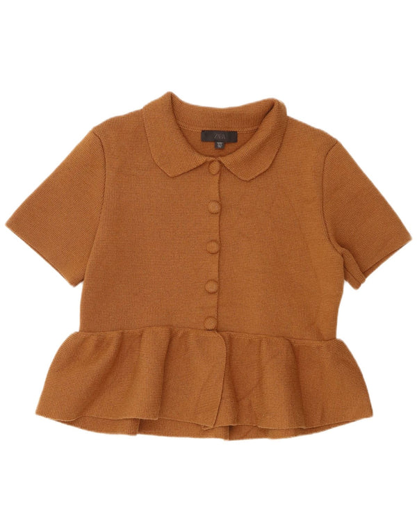 Zara Dame Kortærmet Cardigan Top UK 14 Stor Brun Bomuld