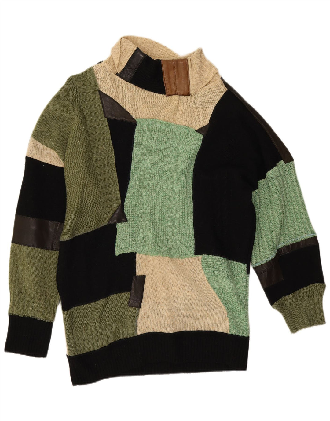 Vintage Dame Roll Neck Jumper Sweater UK 14 Stort flerfarvet patchwork