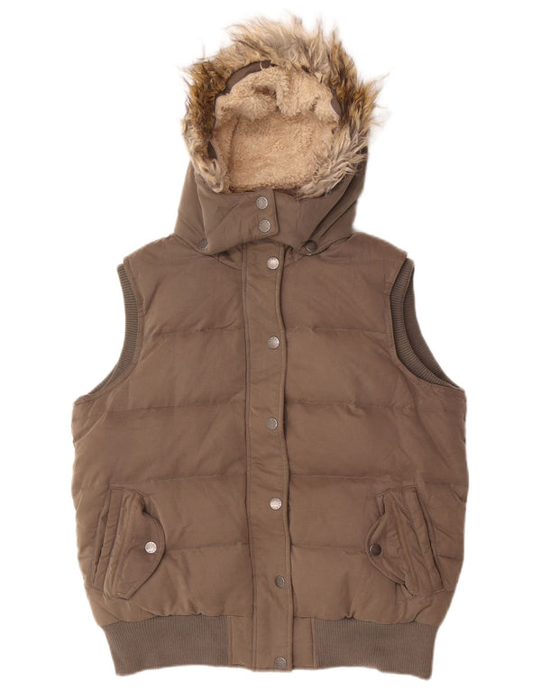 Fat Face Dame Hætte Polstret Gilet UK 14 Stor Grå Polyester