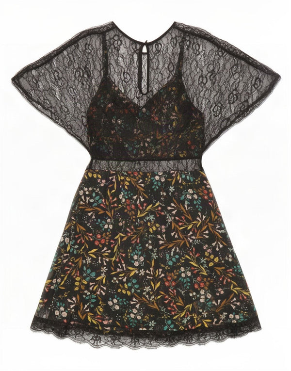 Zara Dame Se Through Lace A-Line Kjole UK 4 XS Black Floral Polyester