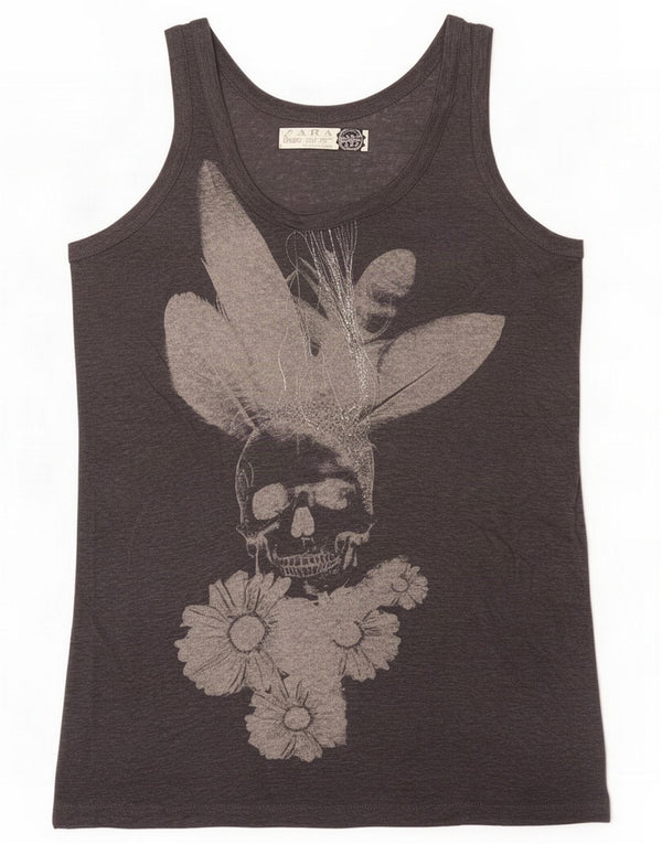 Zara Kvinders Grafisk Vest Top UK 14 Medium Grey Floral Linen