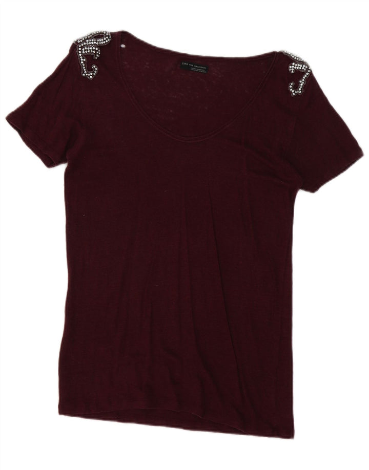 Zara Dame T-Shirt Top UK 14 Medium Burgundy