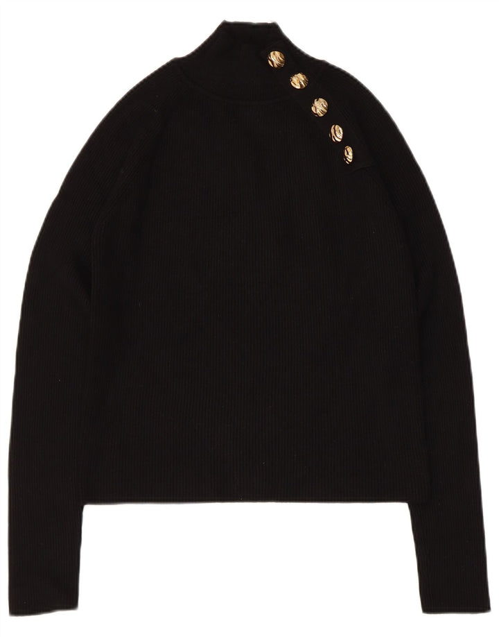 Zara Womens Crop Button Neck Jumper Sweater UK 14 Large Black Viscose