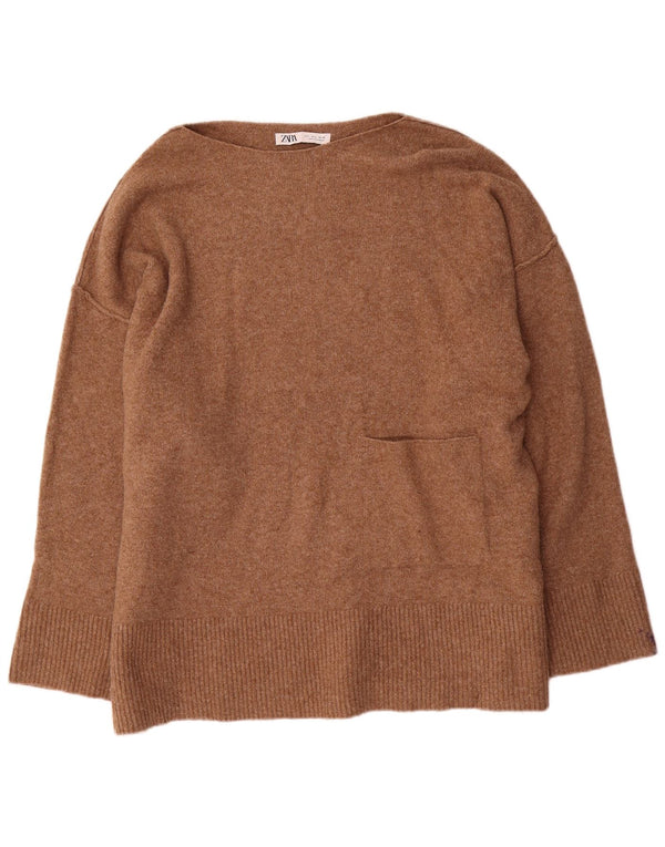 Zara Dame Oversized Boat Neck Jumper Sweater UK 16 Stor Beige Akryl