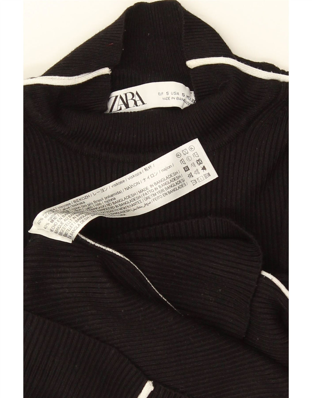 Zara Womens Crop Top Langærmet UK 8 Small Sort Stribet Viscose