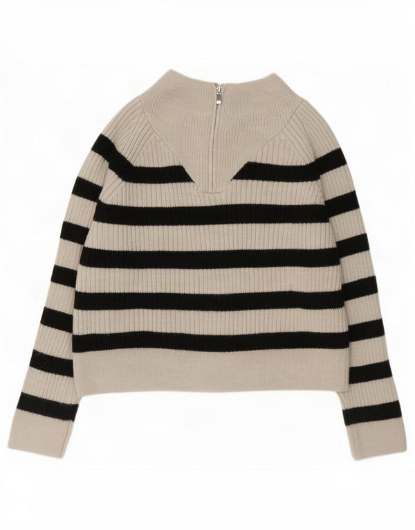 Zara Dame Zip Neck Jumper Sweater UK 14 Medium Off White Stribet akryl