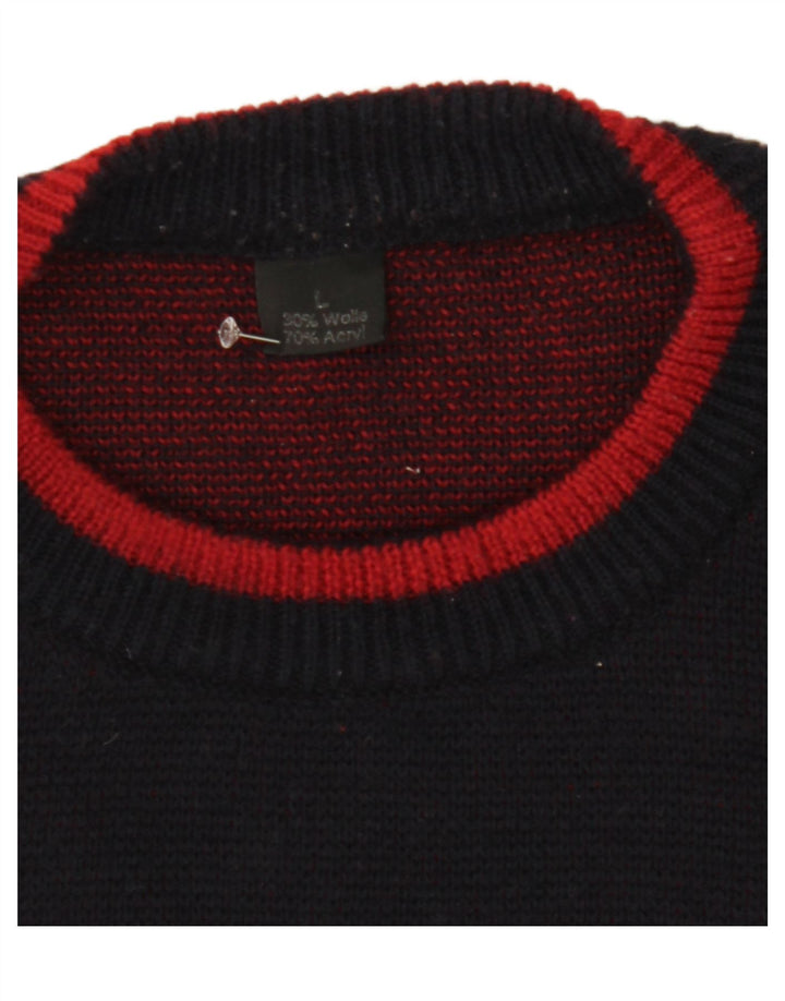VINTAGE Mens Crew Neck Jumper Sweater Large Navy Blue Colourblock Wool Vintage Vintage and Second-Hand Vintage from Messina Hembry 