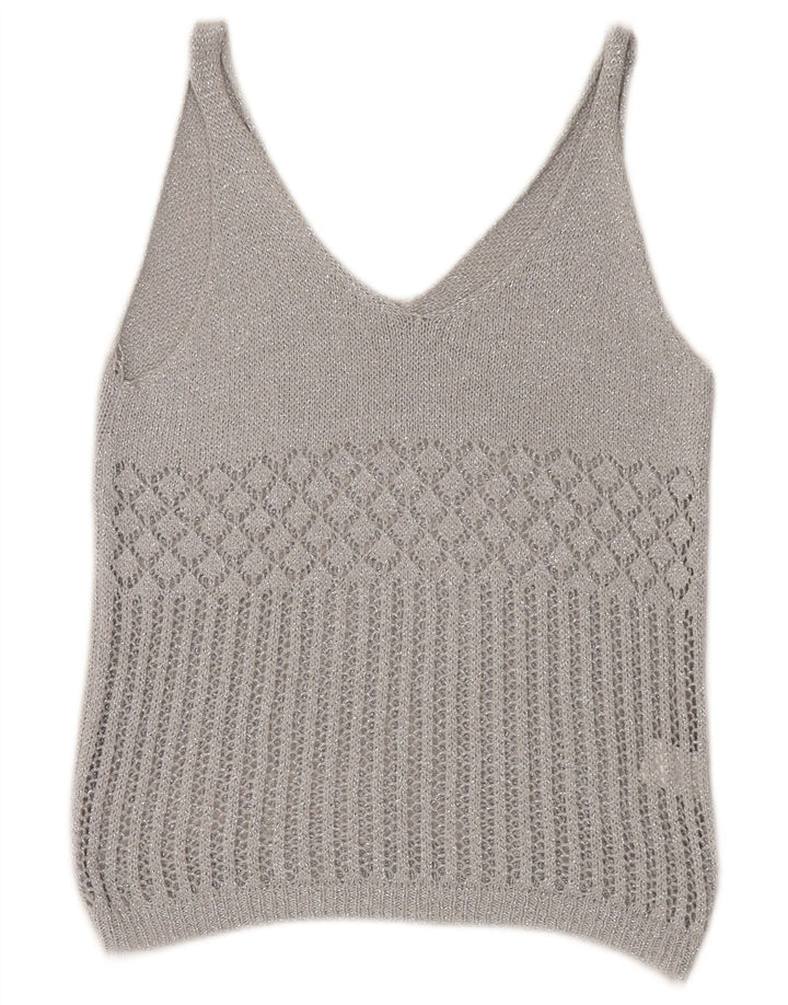 Vintage Hæklet Vest Tank Top UK 12 Medium Sølv Akryl