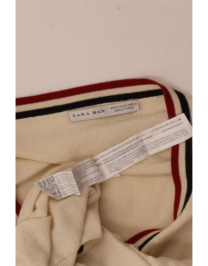 Zara Herre Cardigan Sweater XL Beige Stribet Akryl