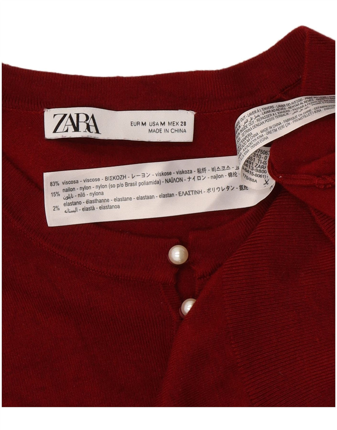 Zara Dame Button Neck Jumper Sweater UK 12 Medium Burgundy Viscose