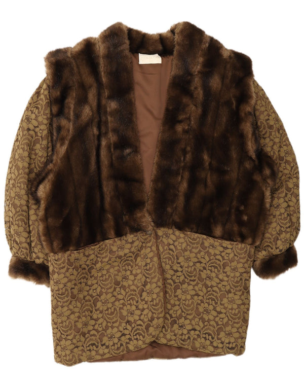 Vintage Kvinders Oversized Faux Fur Overcoat UK 14 Medium Brown Floral