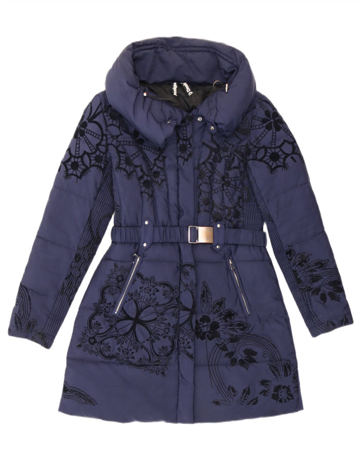 Desigual Polstret Frakke til kvinder EU 38 Medium Navy Blue Floral Polyester