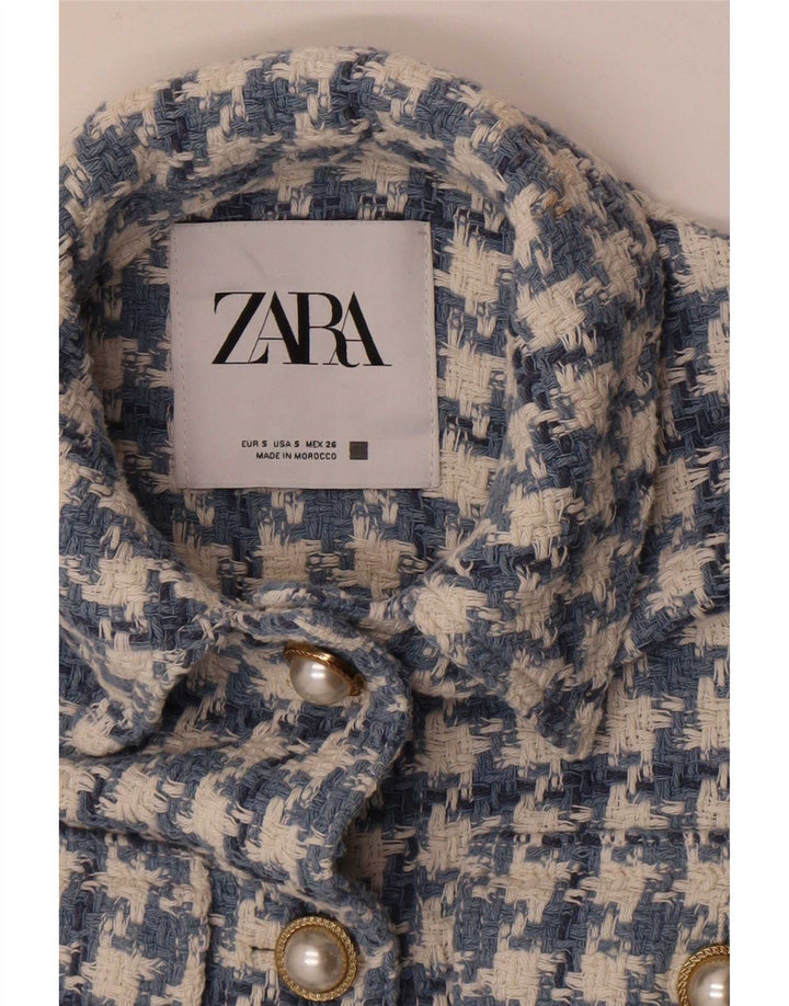 Zara Dame 3/4-ærmet 5-knaps blazerjakke UK 10 Small Blue Houndstooth