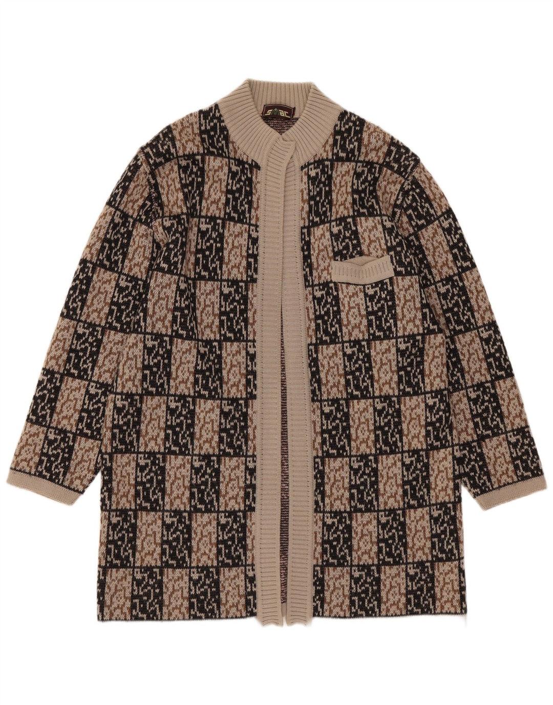 VINTAGE Dame Longline Åben Cardigan Sweater IT 44 Medium Brun Geometrisk