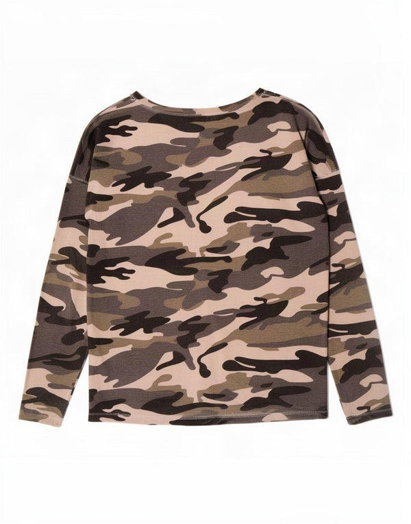 Benetton Dame Grafisk Top Langærmet UK 20 2XL Khaki Camouflage Bomuld