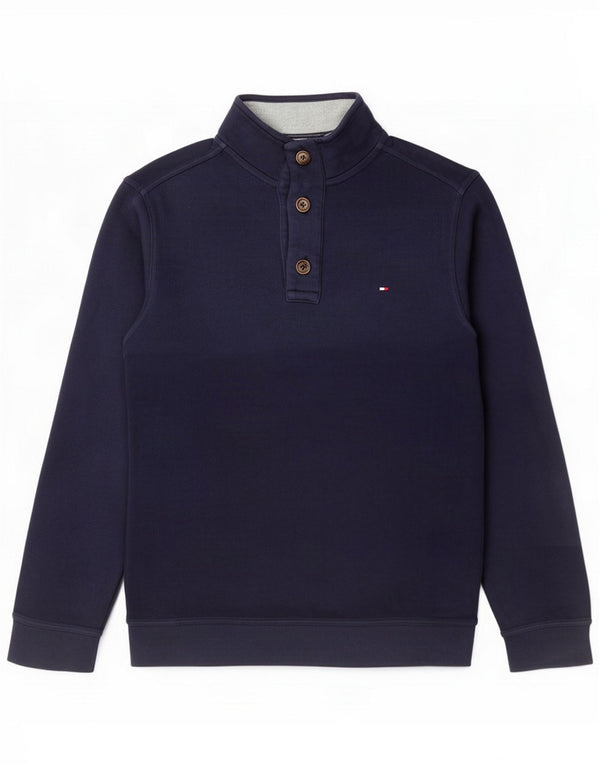 Tommy Hilfiger Mens Button Neck Sweatshirt Jumper Medium Navy Blue Cotton