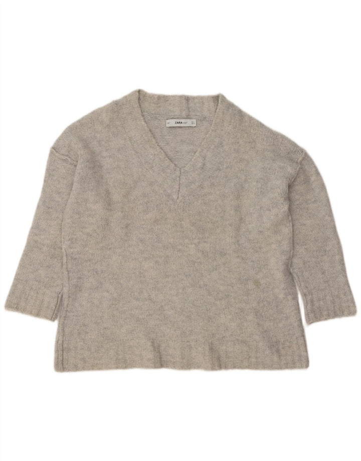 Zara Dame Oversized V-hals sweater UK 10 Small Grå Akryl