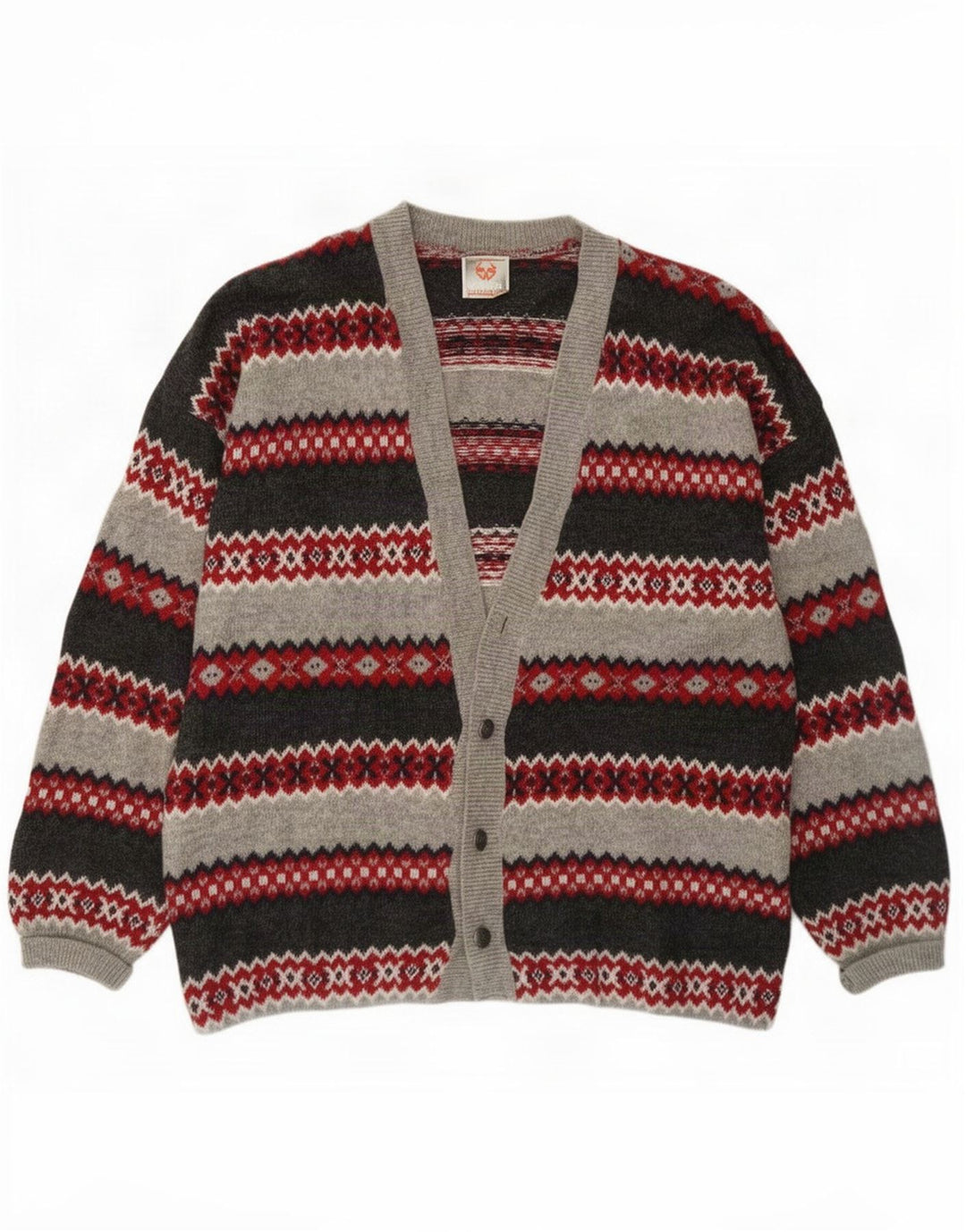 Stefanel Herre Cardigan Sweater Large Grey Fair Isle Wool