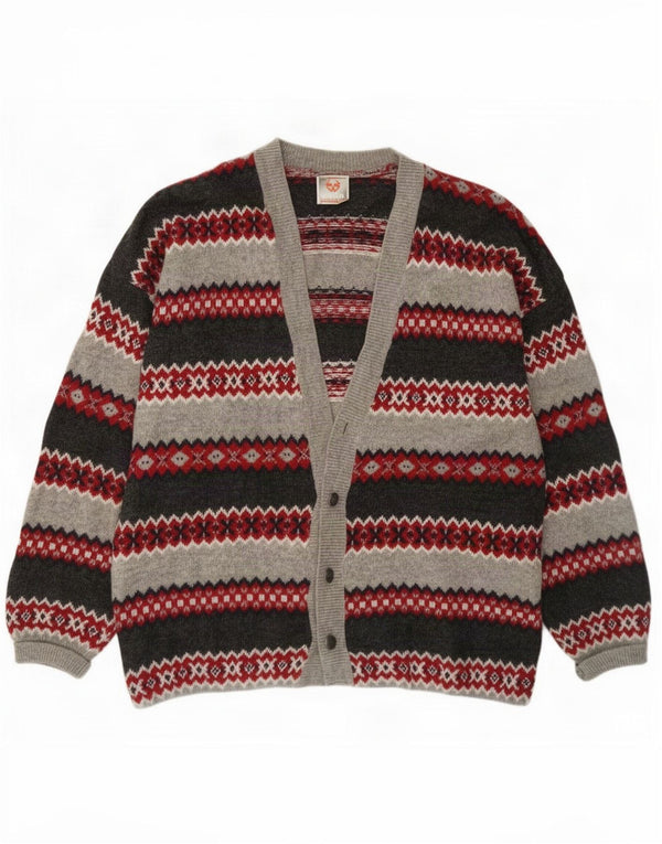 Stefanel Herre Cardigan Sweater Large Grey Fair Isle Wool