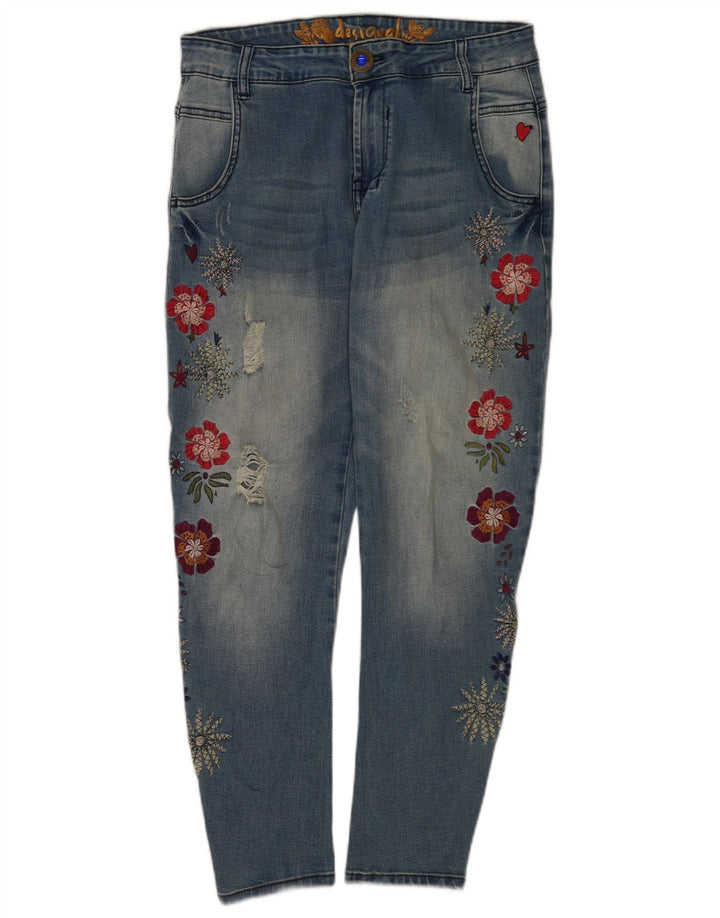 Desigual Dame Distressed Slim Jeans W26 L26 Blue Floral