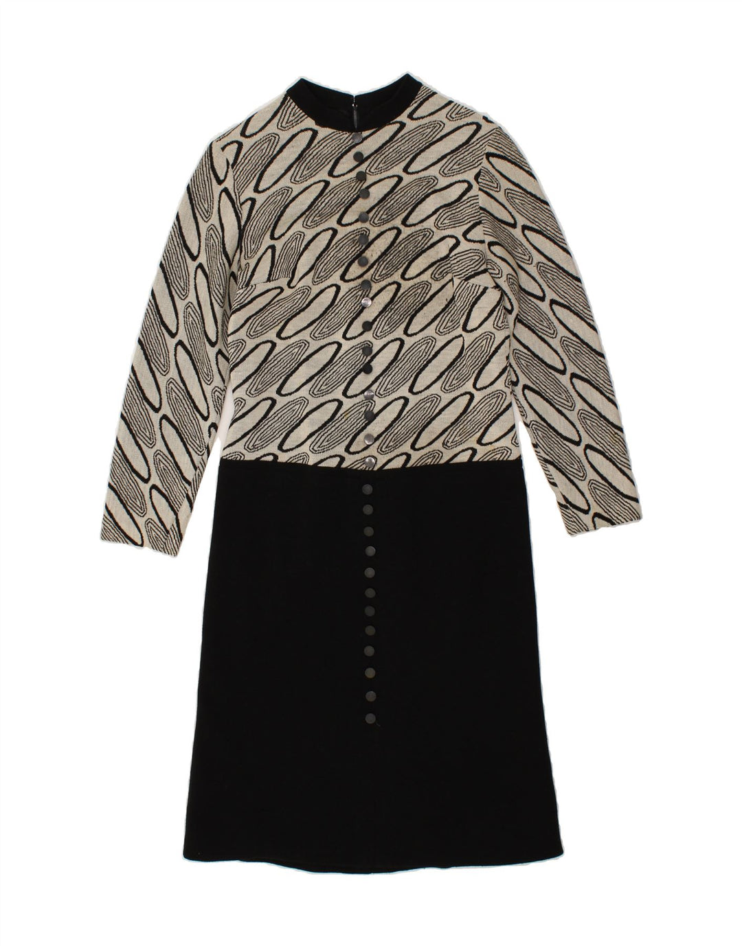 VINTAGE Womens Abstract Pattern Long Sleeve Jumper Dress UK 10 Small Black Vintage Vintage and Second-Hand Vintage from Messina Hembry 