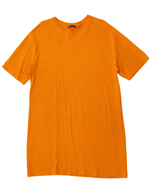 Zara Dame T-Shirt Kjole UK 16 Stor Orange Bomuld